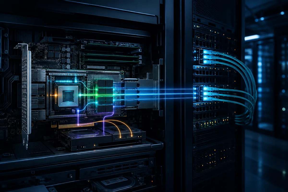 Concept illustration of FPGA acceleration, PCIe, memory, network and storage paths in a datacenter server