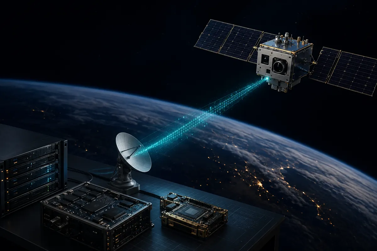 Concept illustration of a satellite imaging payload, FPGA electronics and ground link